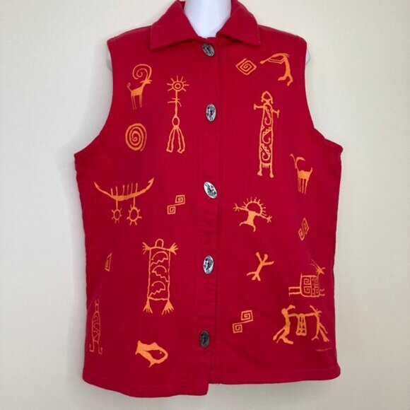 Bfofo Red Sleeveless Vest Top Button Front Pictograph Print Vintage Southwestern - Picture 6 of 7